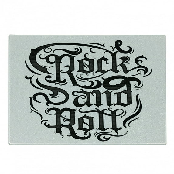 Rock Music Cutting Board, Vintage Hand Lettering Rock and Roll Retro Concept Art Abstract Swirled Lines, Decorative Tempered Glass Cutting and Serving Board, Small Size, Black Dimgrey, by Ambesonne