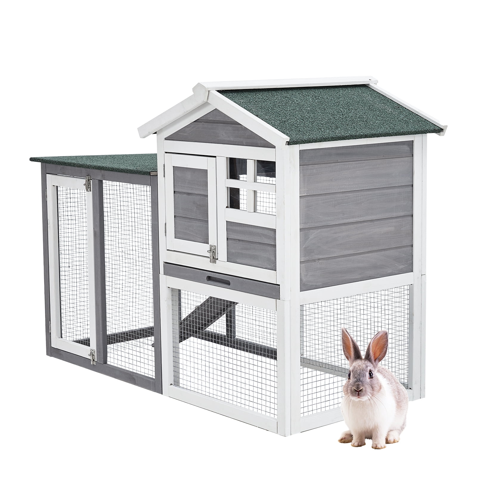 48'' Rabbit Hutch for Small Animals - Wood Pet Cage with Lockable Doors, Weather-Resistant Design, Open Courtyard, Wire Fence, and Cleaning Tray