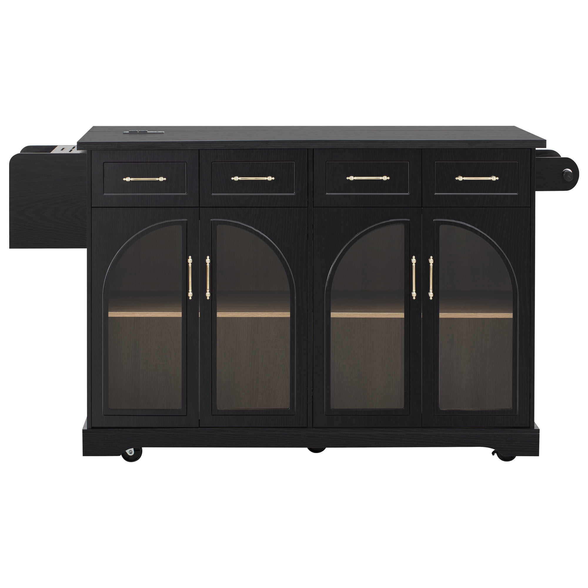 Homy Casa 65.2" Kitchen Island with Storage, Drop Leaf, Power Outlet and Arched Glass Doors, Black