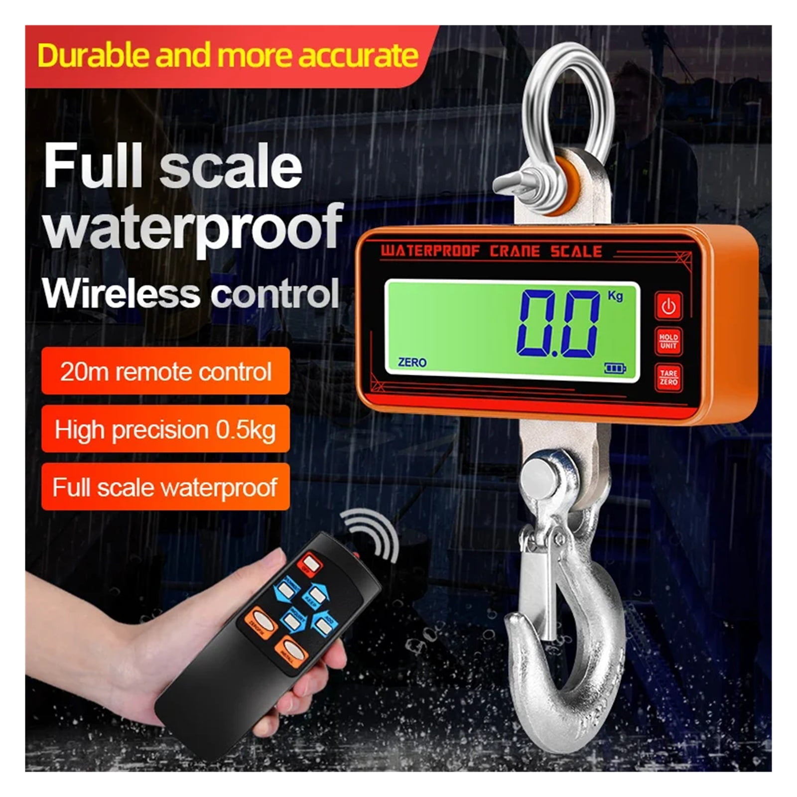Waterproof Crane Scale 1500kg/500kg Digital LCD Hanging Scales 65ft Wireless Control Heavy Duty Industrial Hook Weight Tools ,Precise & Responsive