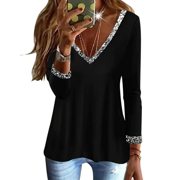 DuoJiaJ Tops For Womens Casual Tops BlingBling Print Long Sleeve V Neck Tee Shirt Loose Side Split Blouse Tunic Women’s Button-Down Shirts Black