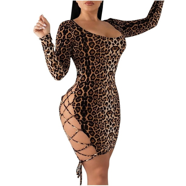 Vestido de manga larga con cordones y espalda descubierta para club nocturno con estampado de leopardo sexy para mujer Fridja nbo215