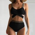 thumbnail image 3 of Women's High Waist Bikini Set Cross Back Tummy Control Two Piece Swimsuit Cover Belly Beach Swimwear for Vacation,Black,L, 3 of 9