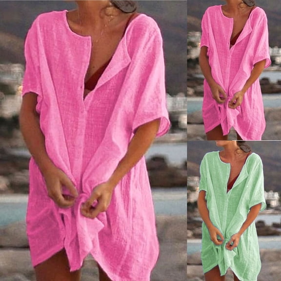 FRSASU Women's Summer Short Sleeve Button Up Shirt Casual Plus Size Beach Swimsuit Cover Up Mini Dress Pink