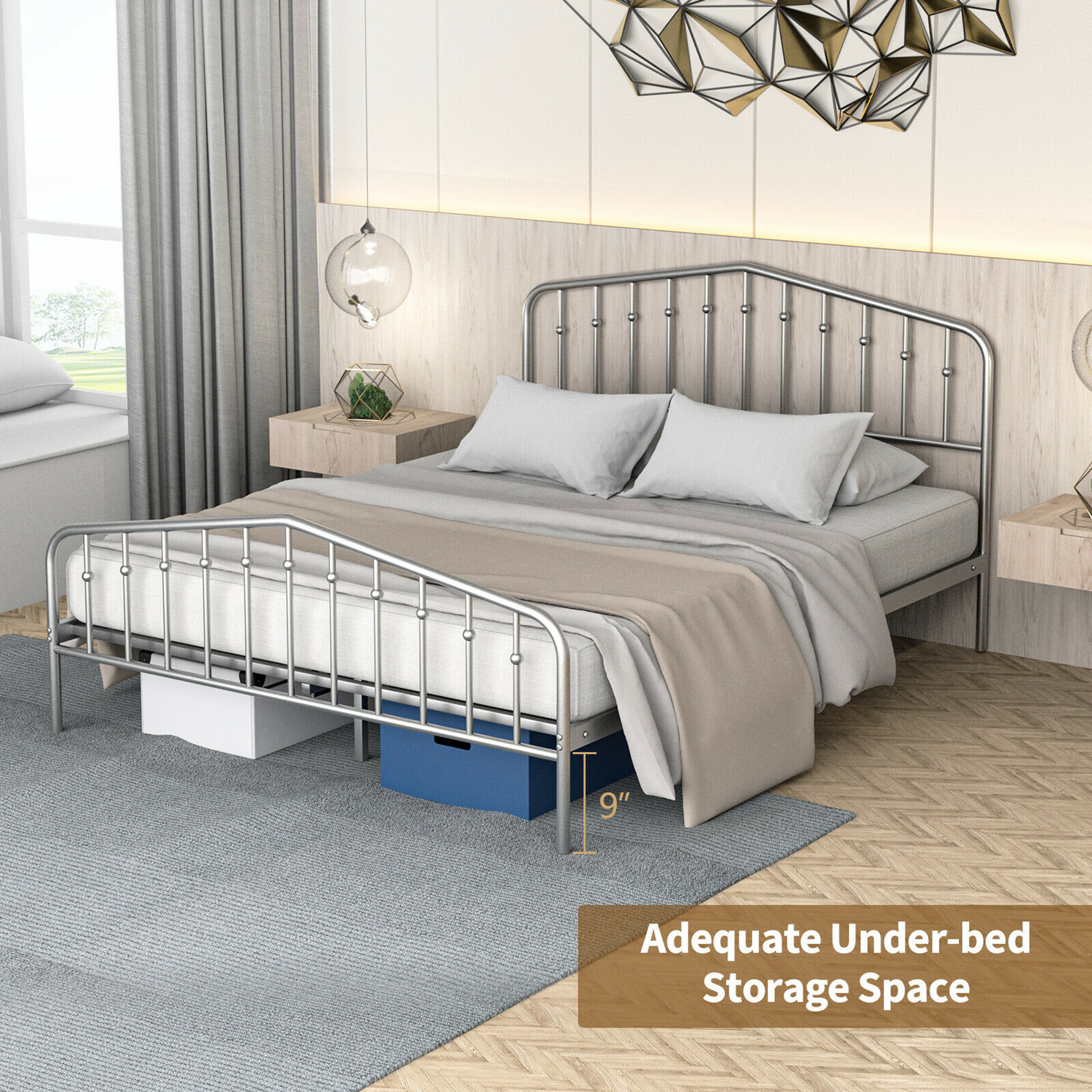 Gymax Queen Size Metal Bed Frame Platform Headboard & Footboard W/Storage Sliver