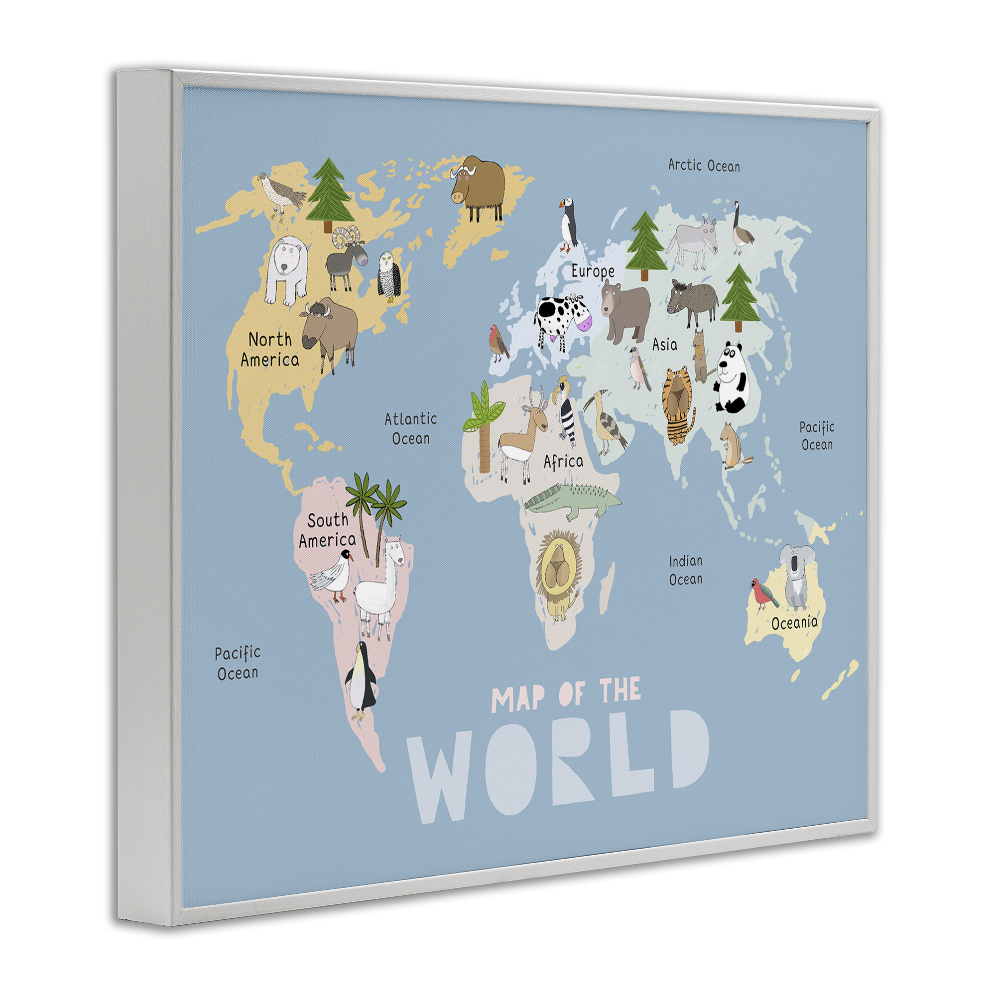 Kid's Map Of World Blue White Framed Giclee Art, design by Carla Daly