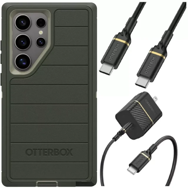 OtterBox Samsung Galaxy S24 Ultra (Only) - Defender Series Pro Case - Lichen The Trek (Green) - Case Only - Screenless - Rugged & Durable - with Port Protection - USB-C to USB-C Wall Charging Kit, 20