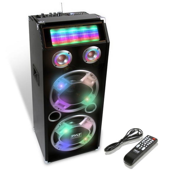 Pyle PSUFM1035A - 1000 Watt Disco Jam Powered Two-Way Bluetooth Speaker System w/ Flashing DJ Lights, USB/SD Card Readers, FM Radio, 3.5mm AUX Input, Graphic EQ & USB Charge Port