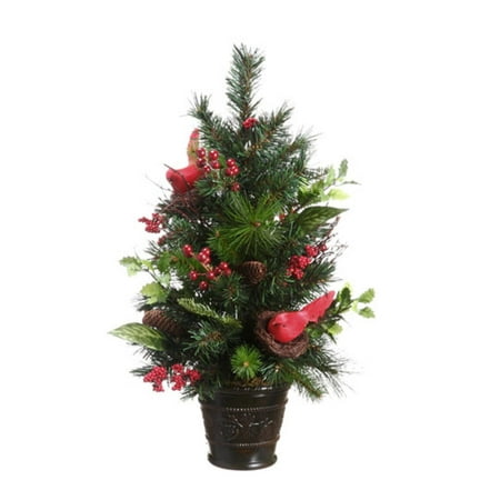 26" Potted Pine Cone, Cardinal and Berry Pine Artificial Christmas Tree - Unlit