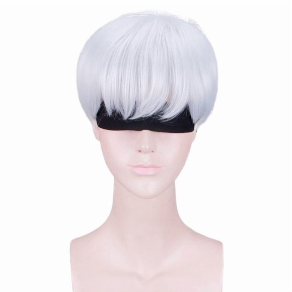 Peluca genérica de cosplay blanca plateada corta de 30 cm con flecos