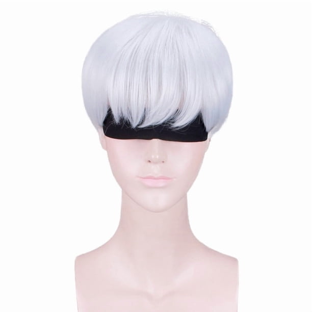 Peluca genérica de cosplay blanca plateada corta de 30 cm con flecos