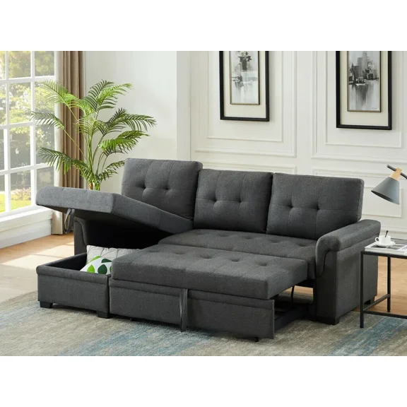 Modern Contemporay Dark Gray 2-piece Reversible Sectional Couch w Pullout Bed Storage Chaise Corner L-Shape Sofa Solid Wood