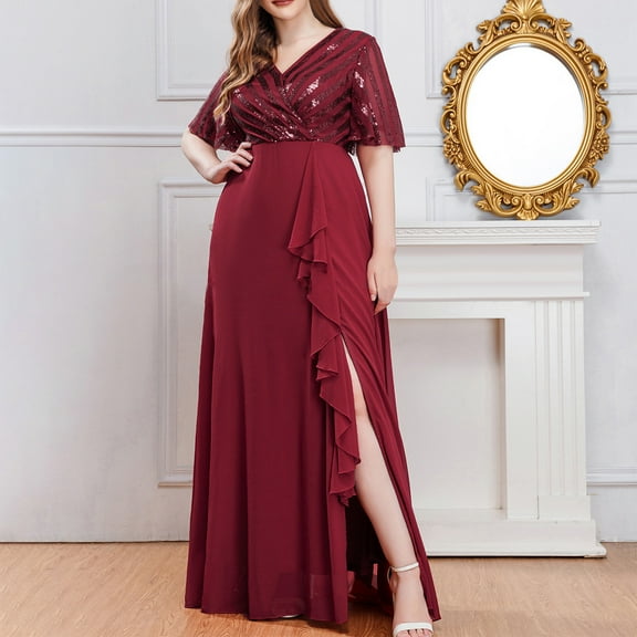Wiyuqeen Formal Dresses for Women Plus Size Sequin Wrap V Neck Wedding Dresses Ruffle Short Sleeeve High Split Hem Evening Gowns