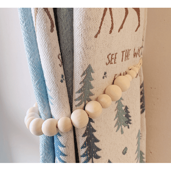 Vruelia Curtain Tiebacks Set Natural-Wood Bead Ties Brass Hooks Included Bedroom Decor with 2 Holdbacks