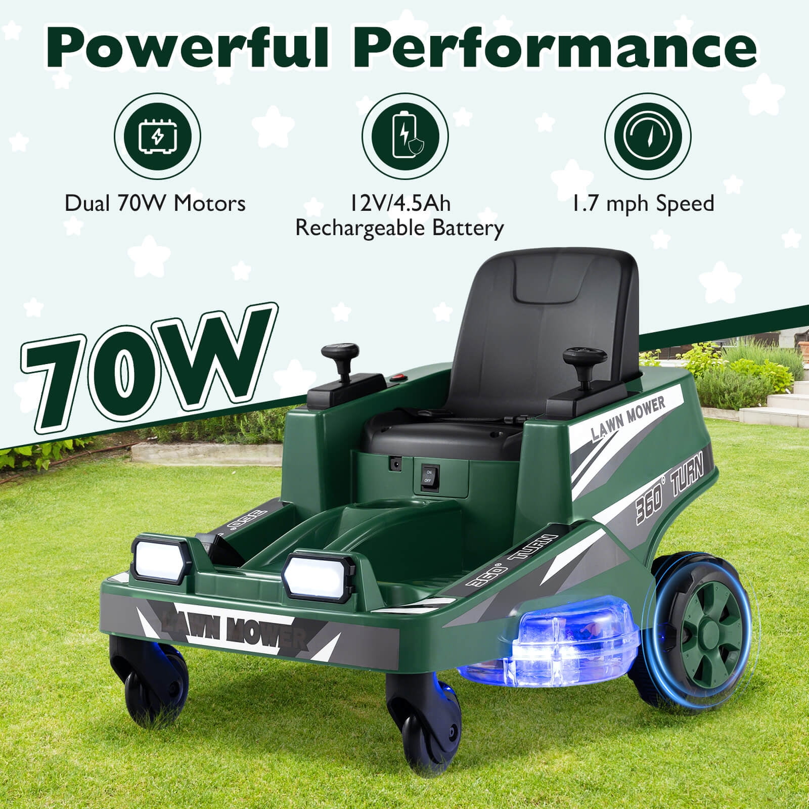 Costway 12V Ride on Lawn Mower with Dual Control Sticks LED Lights Twist Turn for Aged 3-8 Green