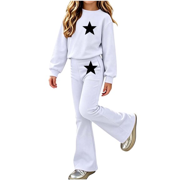 hotojiny 2PCS Girls Outfits Casual Pullover Sweatsuit Stars Sweatshirt Fashion Leggings Pants Set Fall Winter Clothes(White,14-15 Years)