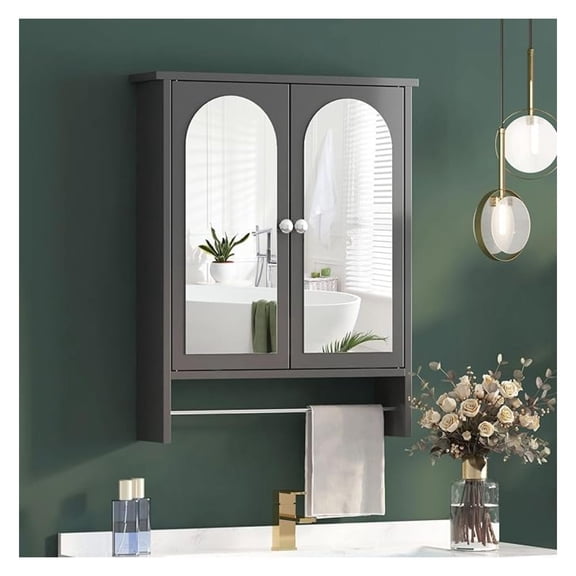 Bathroom Medicine Cabinet Mirror,Arched Bathroom Cabinet with Mirror,Surface Mount Medicine Cabinet Wall Mounted,Mirrored Medicine Cabinets with Towel Bar,Black Wall Cabinet 22x28