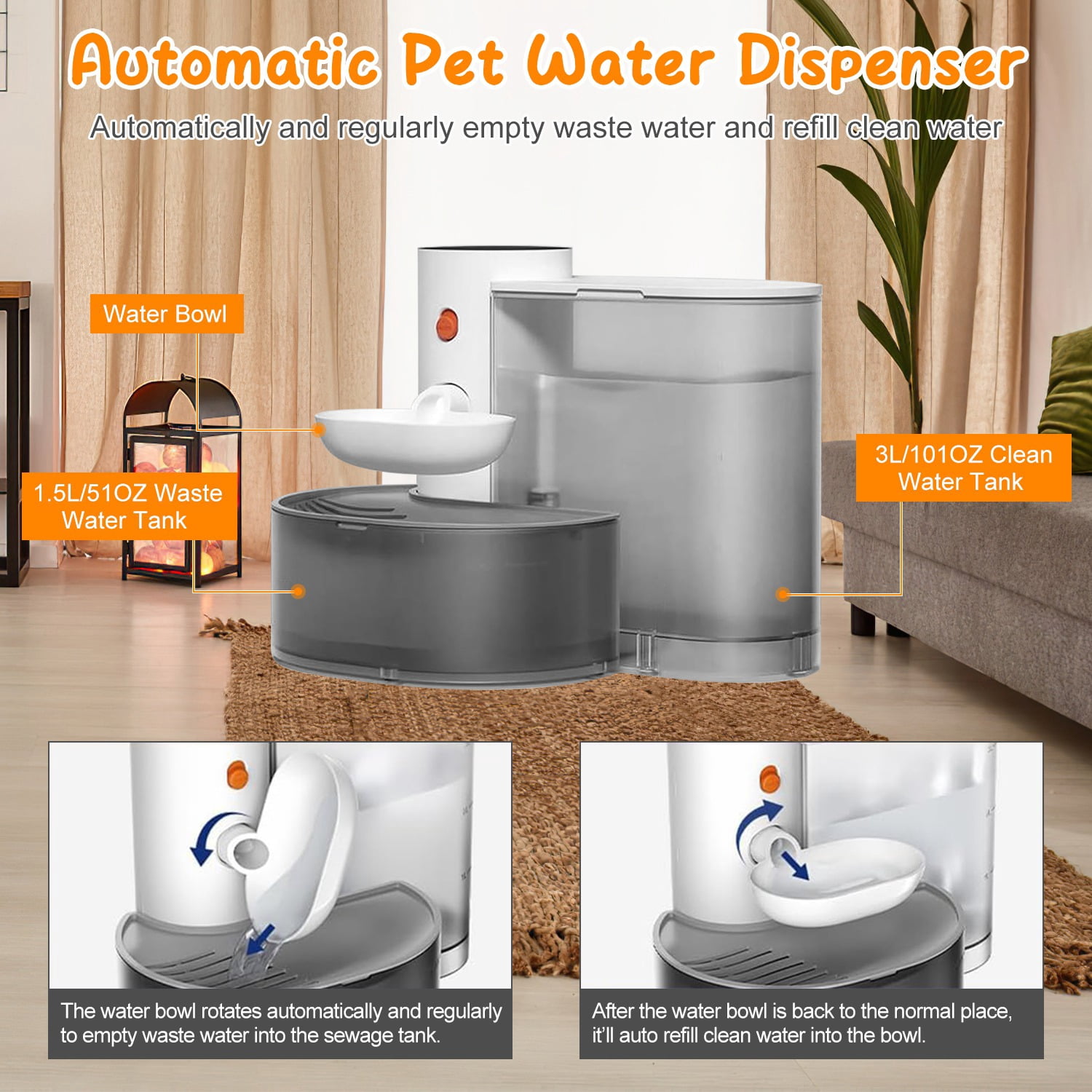 Zorpupoa 1Pc Smart Automatic Water Fountain for Cat Dog 3L 101OZ Pet Water Dispenser Cordless Rechargeable Dog Water Fountain Self-Refill with 3 Adjustable Volume 3 Time Intervals Touch Control