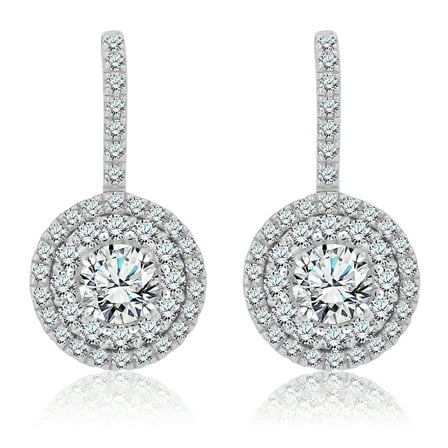 JeenMata 1 Carat Lab Grown Diamond Halo Drop Earrings - Round Cut Vintage Inspired Earrings in White Gold Plating