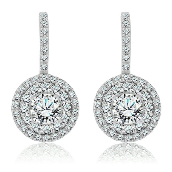 JeenMata Certified 1 Carat Lab Grown Diamond Halo Drop Earrings - Round Cut Vintage Inspired Earrings in White Gold Plating
