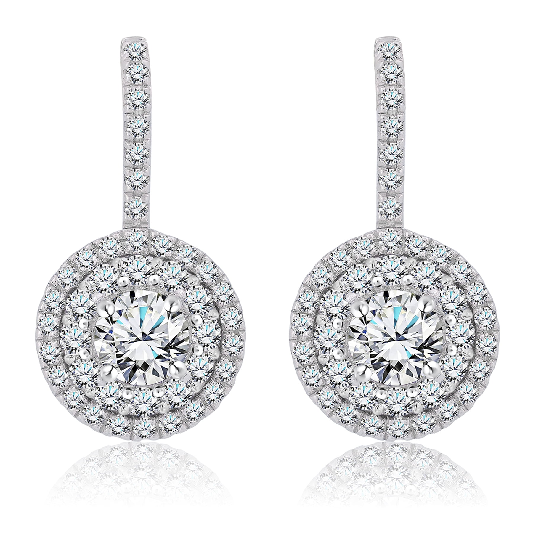 JeenMata 1 Carat Lab Grown Diamond Halo Drop Earrings - Round Cut Vintage Inspired Earrings in White Gold Plating
