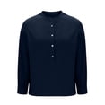thumbnail image 4 of LNWUY Summer Linen Shirts for Women Loose Fit V Neck Button Long Sleeve Shirt Cotton Beach Vacation Tunic Tops Blue L, 4 of 5