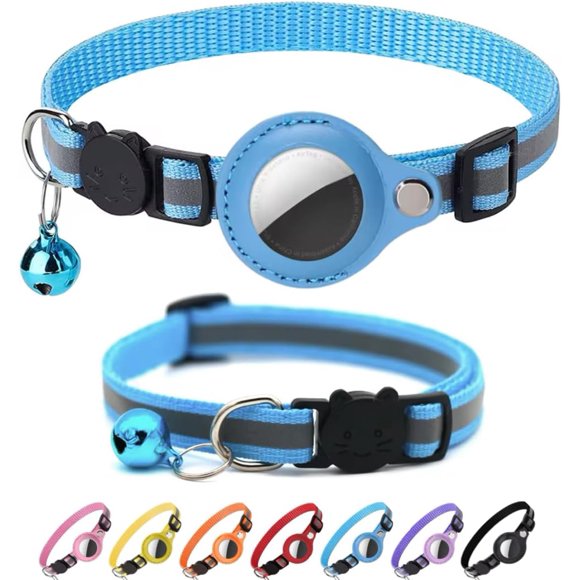 shiyou-Reflective AirTag Cat Collar Kit | Includes 2 Collars & 1 AirTag Holder | Lightweight & Comfortable | Quick Release Safety Feature | GPS Tracking on iPhone (Sky Blue)