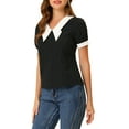 thumbnail image 4 of Allegra K Women's Bow Tie Contrast Color Textured Short Sleeve Top Blouse, 4 of 5