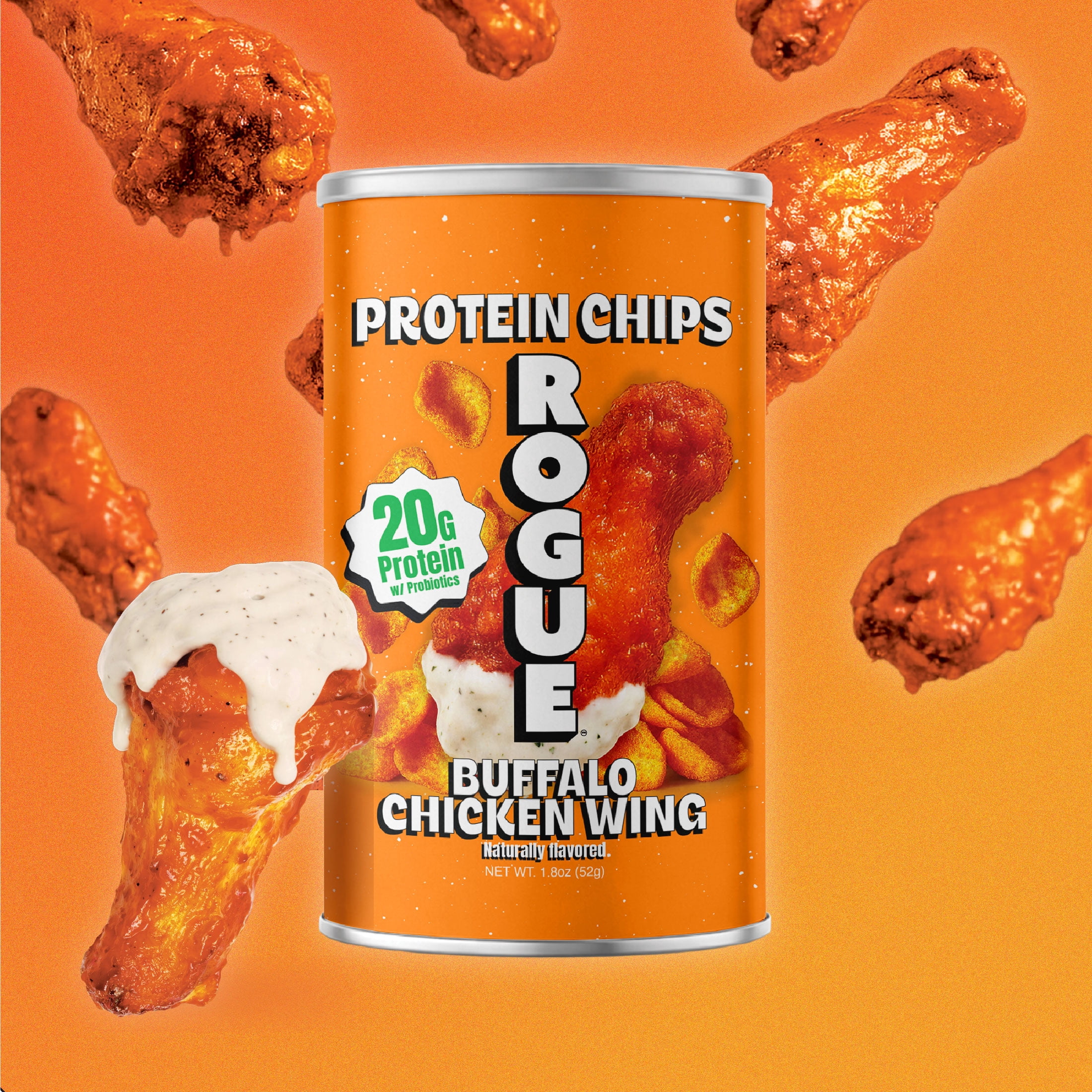 Rogue Snacks, Buffalo Chicken Wing Chips, 20g of Protein, Probiotics, 1.8 oz Can