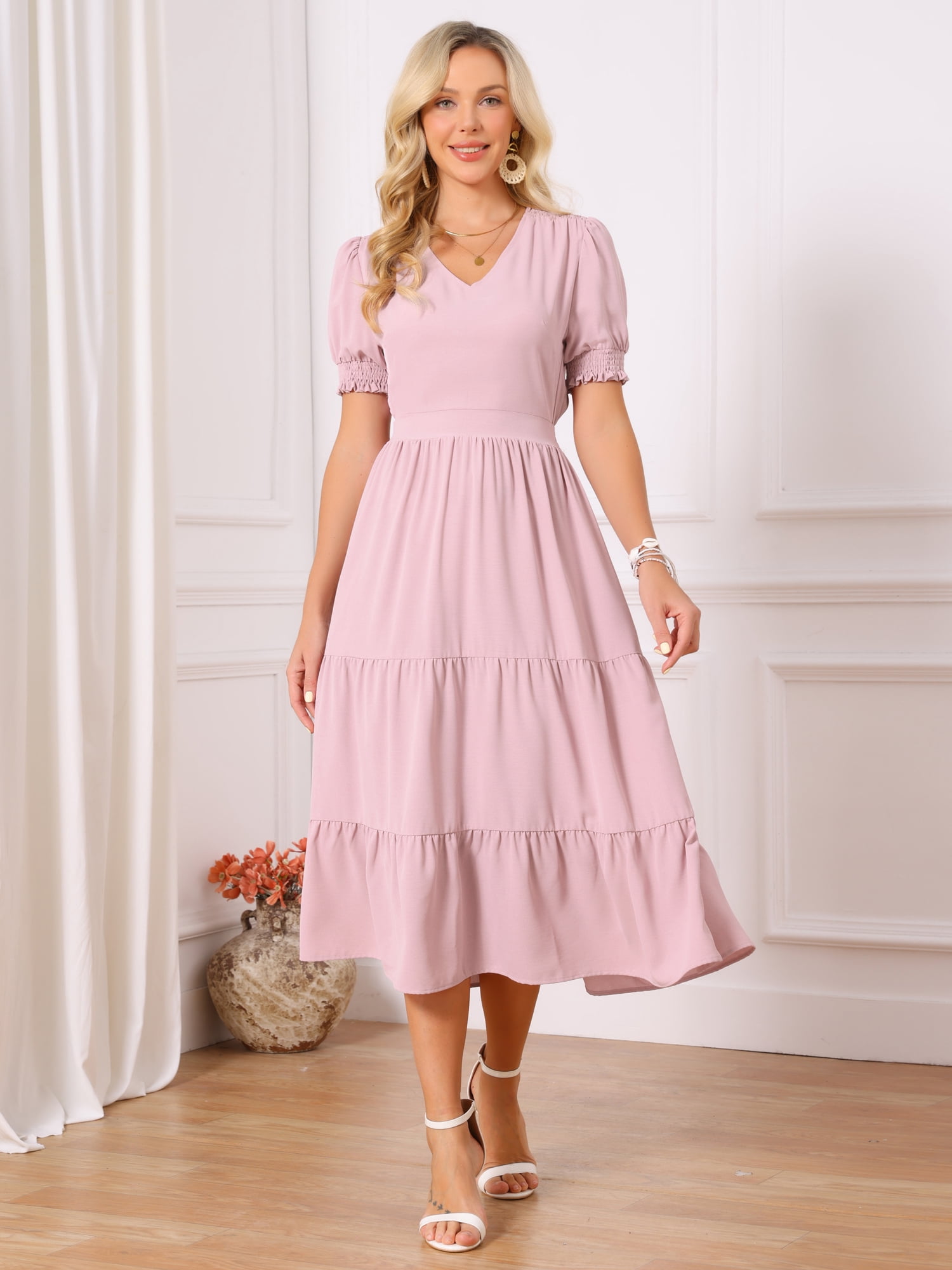DARING DIVA Women's Tiered Smocked Short Sleeve A-Line V Neck Ruffle Flowy Dress L Pink