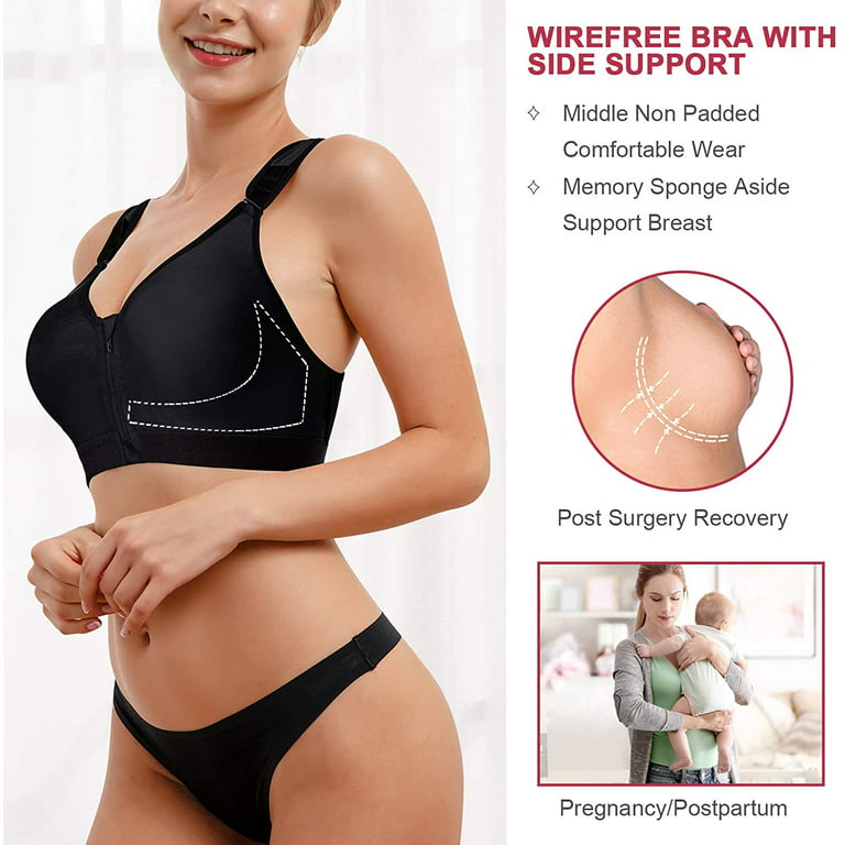 Gotoly Post Surgery Sports Bras For Women Post-Surgical Bra Zip Front  Racerback Support Wireless Adjustable Straps(Black XX-Large)
