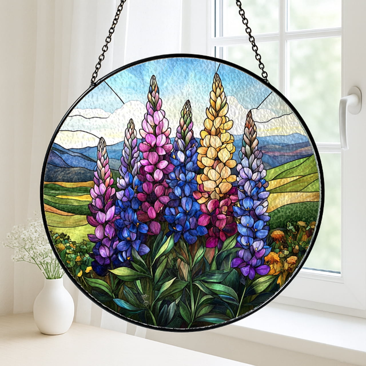 Faux Stained Glass Lupine Window Panel, Botanical Hanging Art