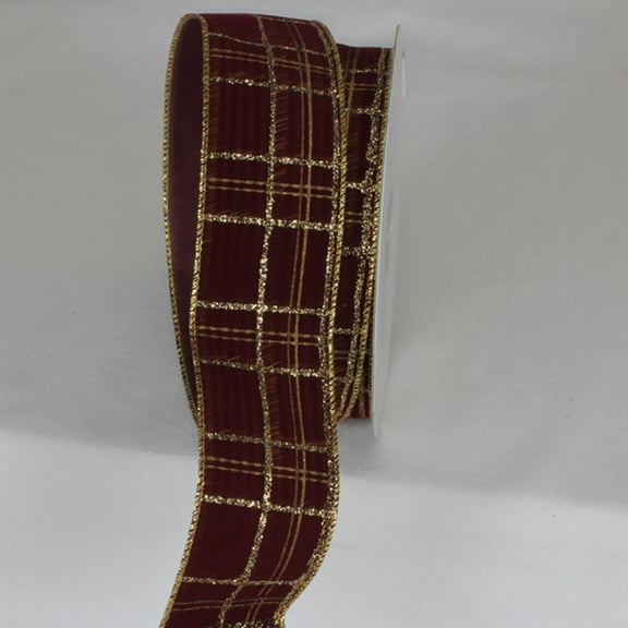 The Ribbon People Bordeaux Red and Gold Xmas Present Plaid Wired Craft Ribbon 2" x 20 Yards