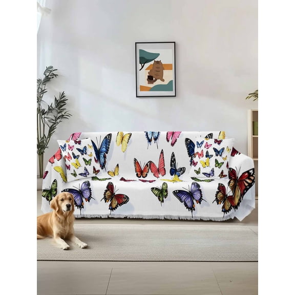 Butterfly Print Couch Cover for 2 Cushion Sofa, Modern Colorful Animals Washable Loveseat Sofa Covers Slipcover for Sectional Sofas L-Shaped, Couch Throw Cover 71"x118"