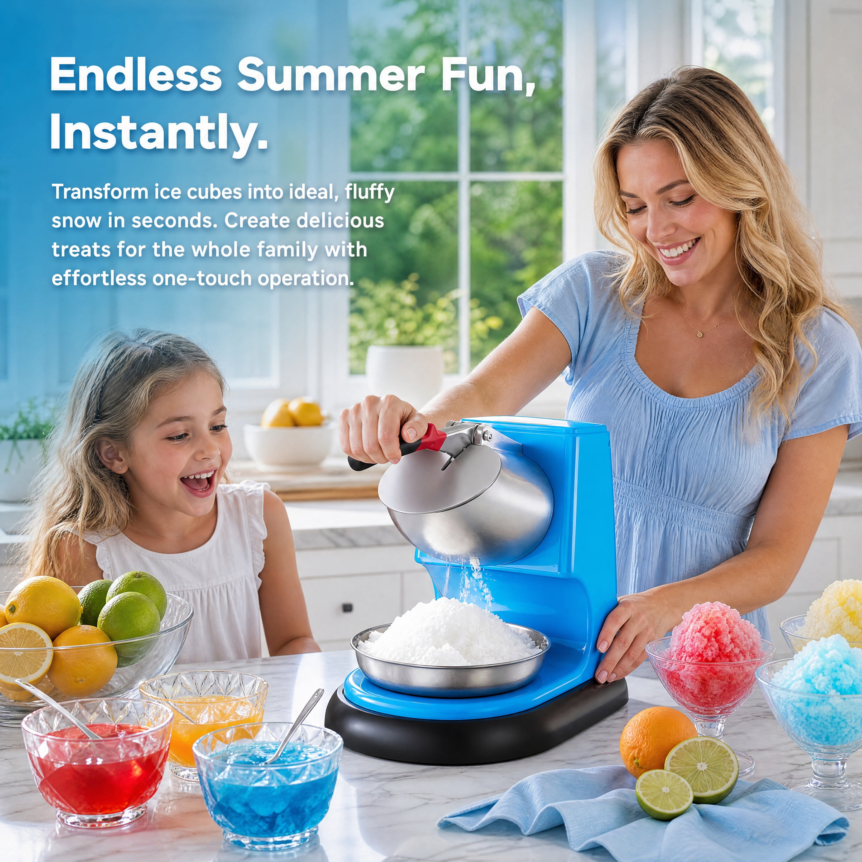 300W Commercial Electric Ice Crusher 220LBS/H Snow Cone Maker Shaved Ice Machine with 4 Stainless Steel Blades Anti‑Splash Design for Home Party Dessert Shop Blue