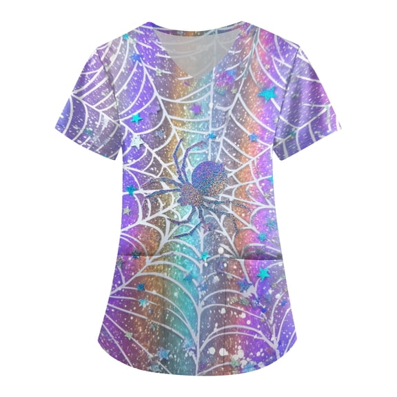 Halloween Scrub Tops For Women, V Neck Printed Uniform | Soft Cotton Fabric, Loose Fit, Great For Fall Medical Work Shifts Multicolor XL