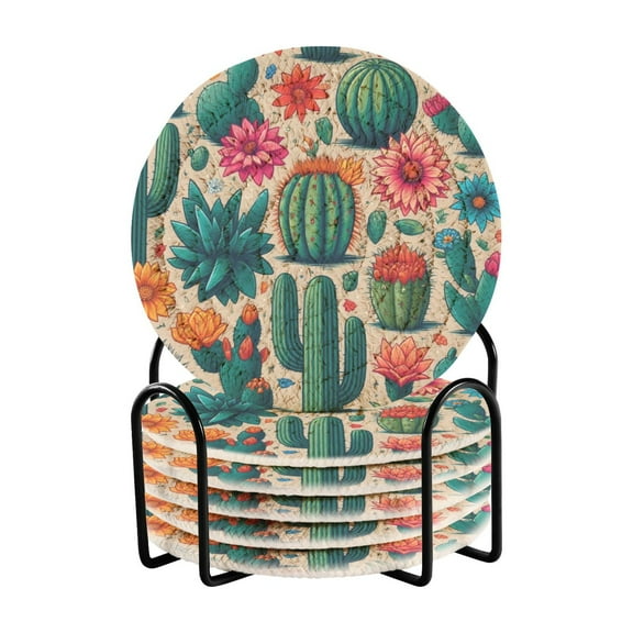 Cactus and Desert Flower Coasters with Holder for Coffee Table 6 Pcs Drink Coaster Sets Absorbent for Home Decor 4 inch