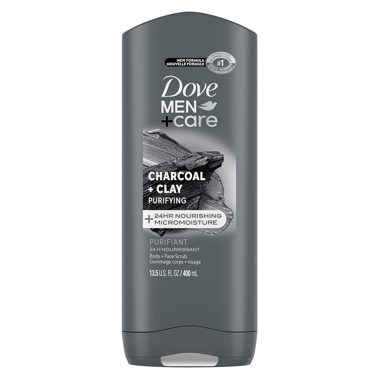 Pack of (3) DOVE MEN + CARE Purifying Charcoal + Clay Body and Face Wash with 24-Hour Nourishing Micromoisture Technology Body Wash for Men, 13.5 oz
