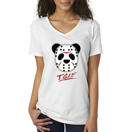 Trendy USA 623 - Women's V-Neck T-Shirt TGIF Panda Mask Jason Friday 13th XL