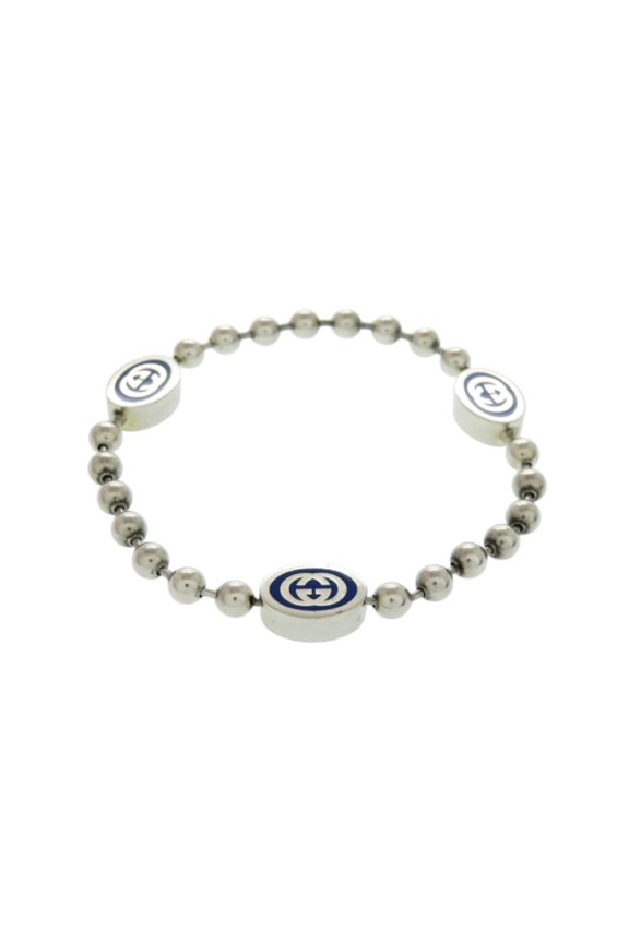 Pre-Owned Gucci G Ball Chain Bracelet, Interlocking Design, Sterling Silver 925, Silver/Blue,...