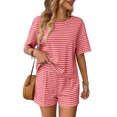 thumbnail image 5 of XuJwPNcy Women's Two Piece Pajama Set Striped Print Crew Neck Short Sleeve Tee with Stretchy Shorts Set Trendy Sleepwear, 5 of 5