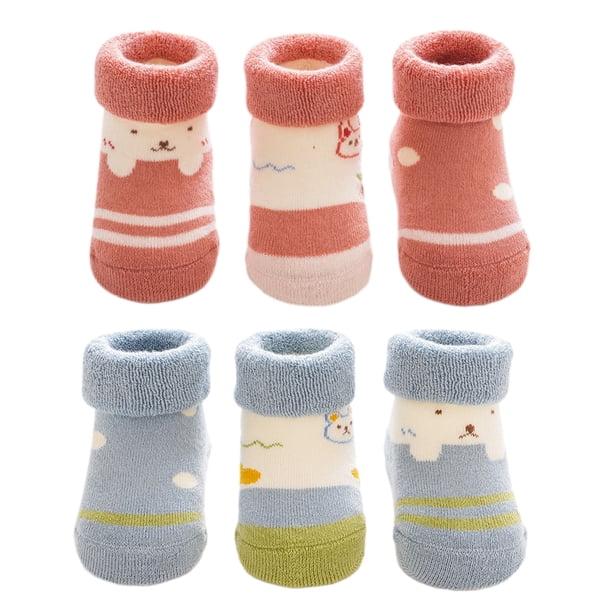 Calcetín de algodón con agarre para bebé, calcetines de invierno cálidos y gruesos antideslizantes para niños pequeños y niñas, calcetines bonitos con flores y animales para coche, 6 pares