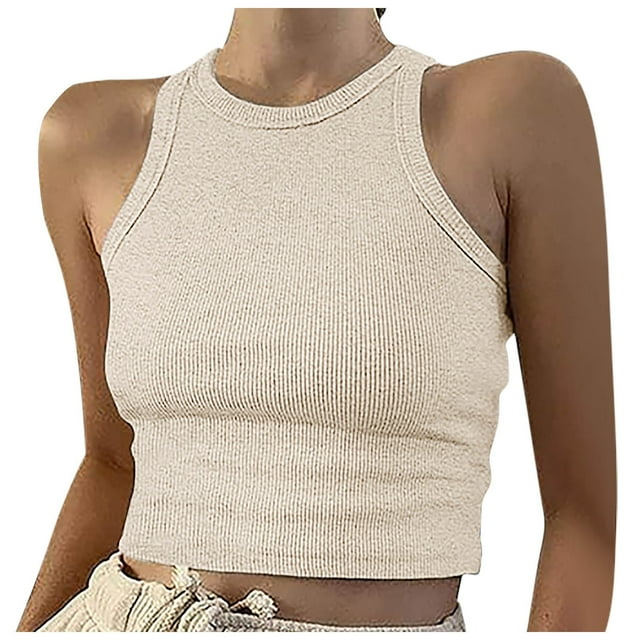 Gpoecd Camisoles à Col Rond pour Femmes Courtes Unies Sans Manches Blouse à Col Rond Camisole Ajustée pour Femmes Beige,P