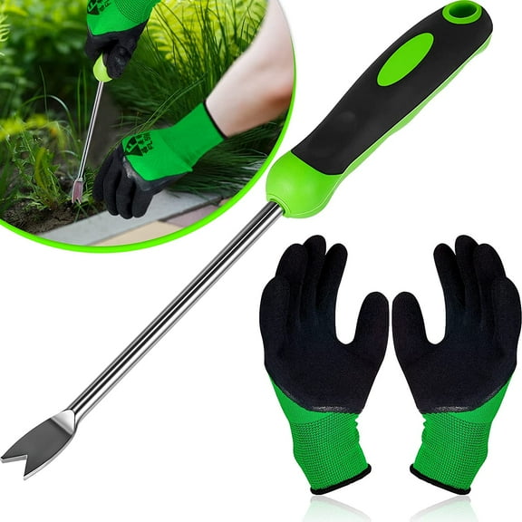 Dandelion Weed Puller Tool Garden Hand Weeder Remover Tool with Ergonomic Handle Stainless Steel with Gloves for Garden Planting, Flower and Vegetable Care in Patio Lawn Yard