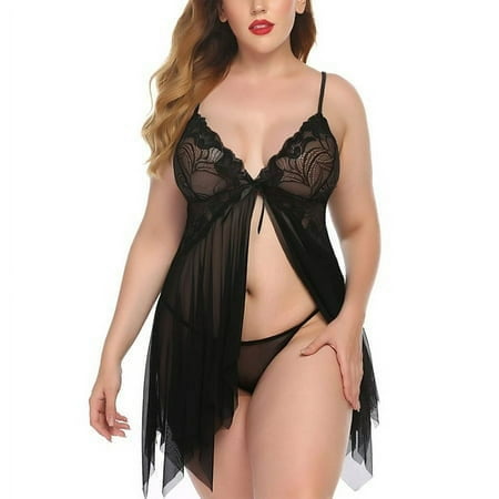 Chama Plus Size Lingerie for Women Lace Babydoll Sexy Chemise V Neck Mesh Sleepwear