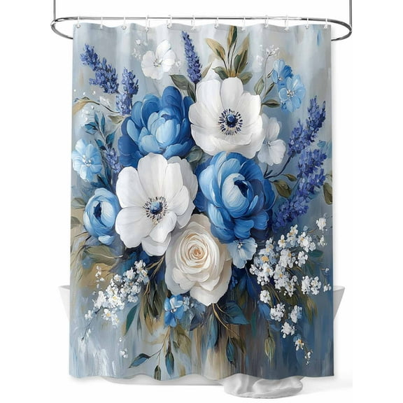 Fsddascl White Blue Spring Floral Shower Curtain Set - 54" x 78" Washable Bathtub Curtain with 12 Hooks, Vintage Flowers Pastoral Waterproof Fabric Stall Shower Curtains for Bathroom/Bathtub Décor