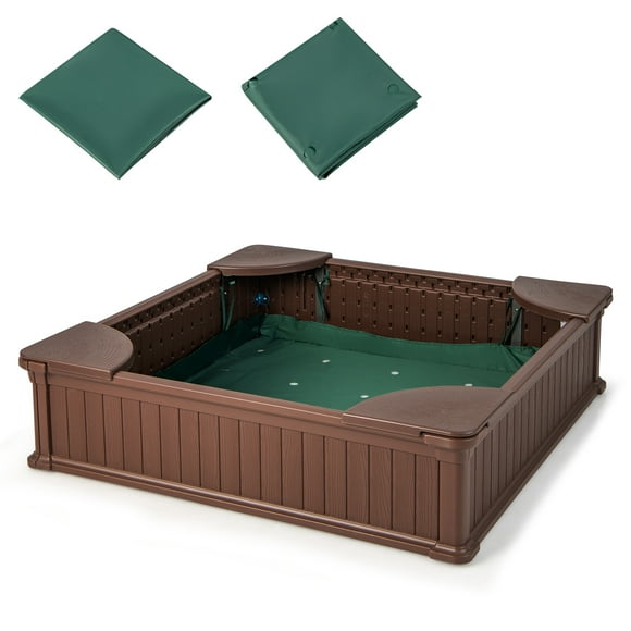 Costway Kids Outdoor Sandbox 48.5" x 48.5" x 12.5" Large HDPE Sandpit with Oxford Cover Brown