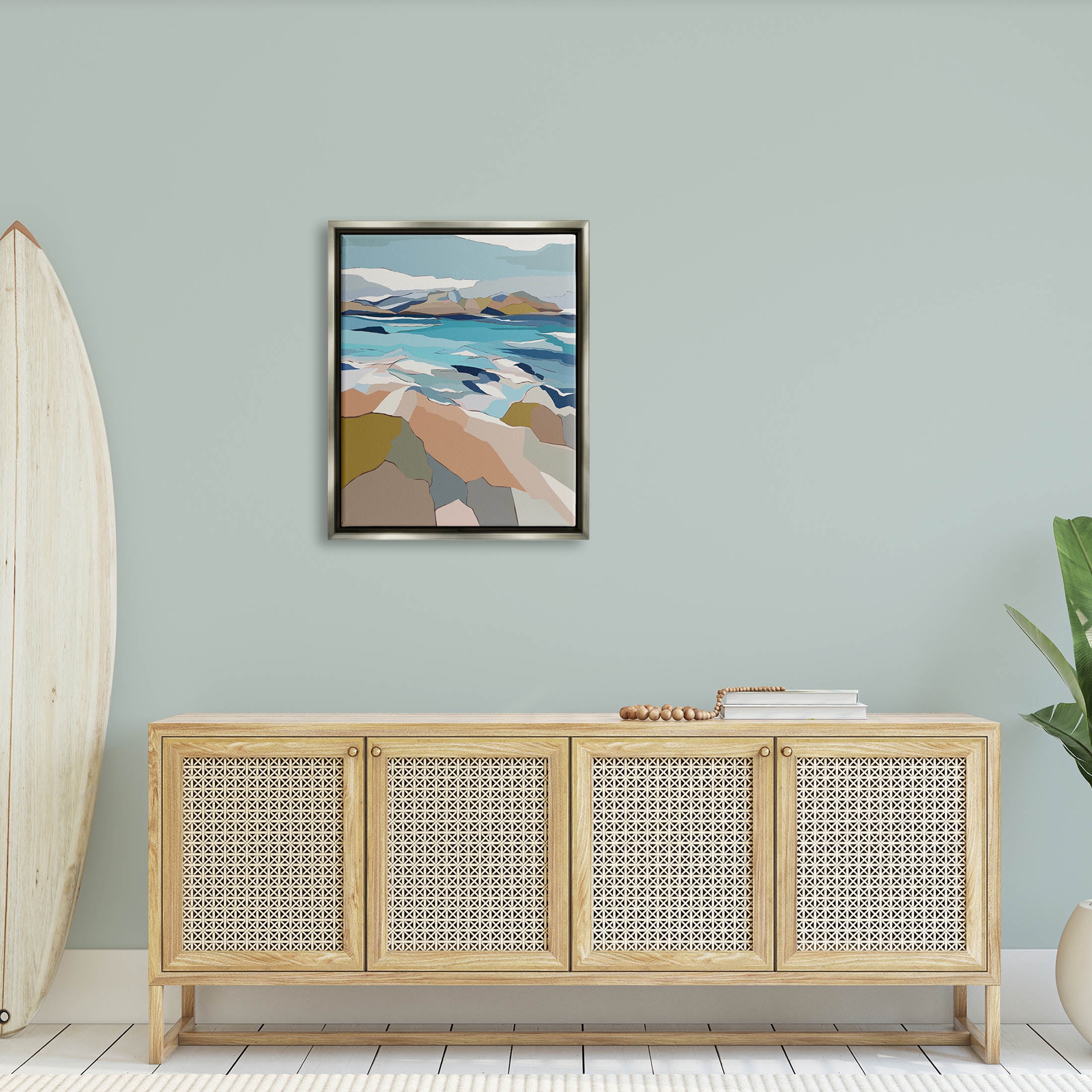 Stupell Industries Rocky Ocean Shore Beach Landscape Graphic Art Luster Gray Floating Framed Canvas Print Wall Art, Design by Nikita Jariwala