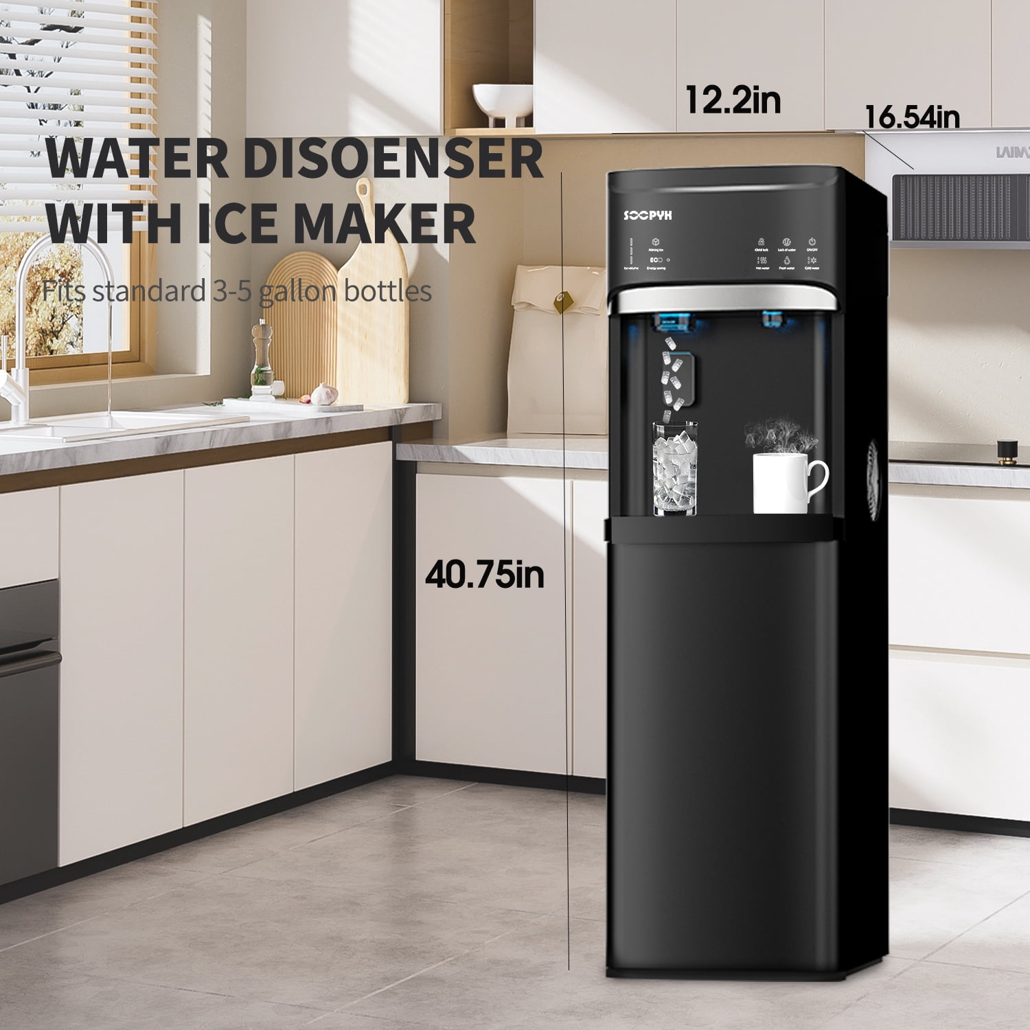 SOOPYK Bottom Loading Water Dispenser with Nugget Ice Maker, 44lbs/Day,5 Gallon,Self-Clean,3-Temp(Cold/Hot/Room),Child Lock,for Home & Office,Black