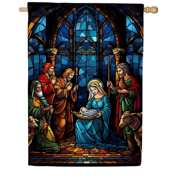 America Forever Holy Birth Stained Glass House Flag, 28 x 40 inch Double Sided, Nativity Christmas Mary Joseph, Religious Christmas Outdoor Decorative Flag